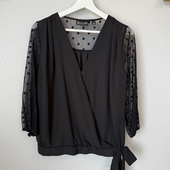 New York & Company Tops - New York &‎ Company 7th Ave Women XS Mesh Polla Dot 3/4 Sleeve Black Blouse Top